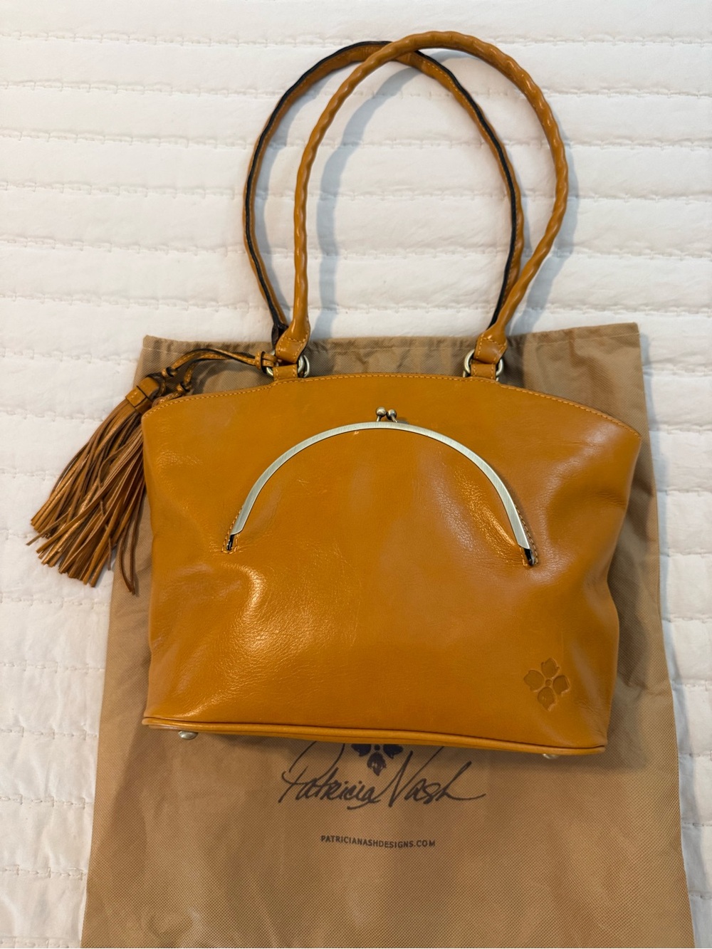 Patricia Nash Zorita Cognac Leather Kiss-Lock Tote - Picture 2 of 7